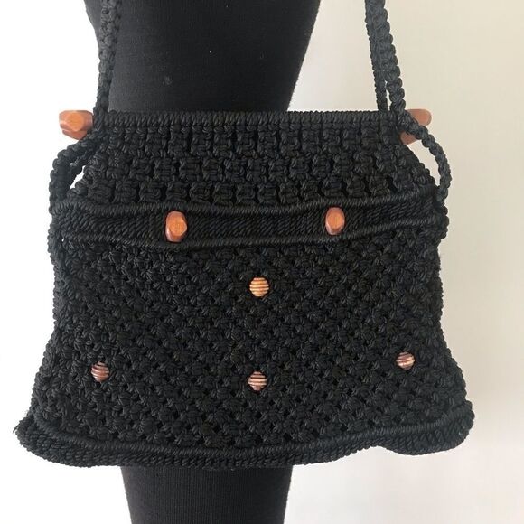 Black Macrame Shoulder Bag Purse - Picture 2 of 7
